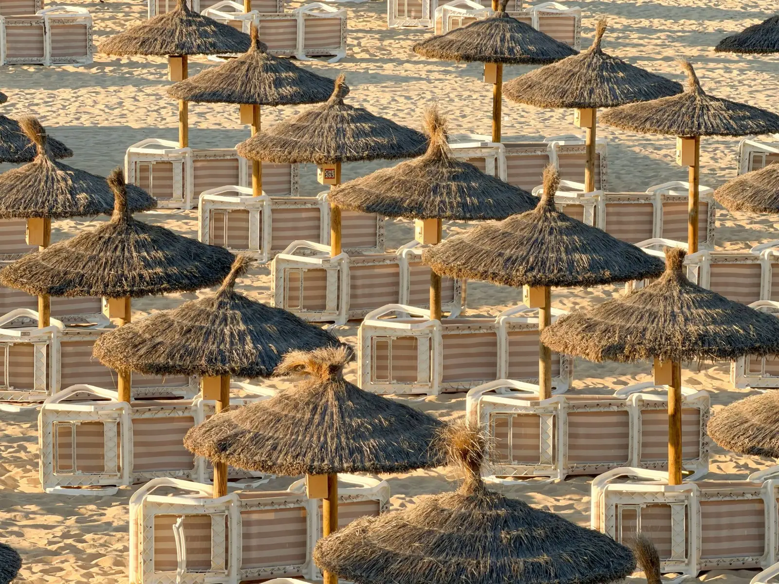 Ombrelloni di paglia e lettini accatastati in uno stabilimento balneare fuori stagione