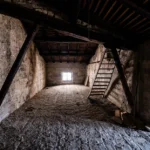 Il sottotetto con la scala a pioli e la finestra in fondo