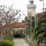 La torre del faro in fondo al viale, tra palme e pini