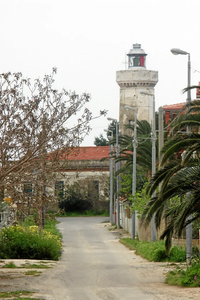 La torre del faro in fondo al viale, tra palme e pini